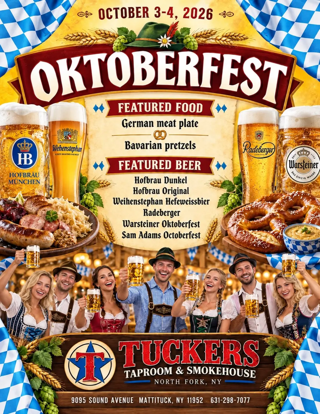 Oktoberfest at Tucker's flyer for October 3 and 4, 2026, listing the German meat plate, Bavarian pretzels and featured German beers.